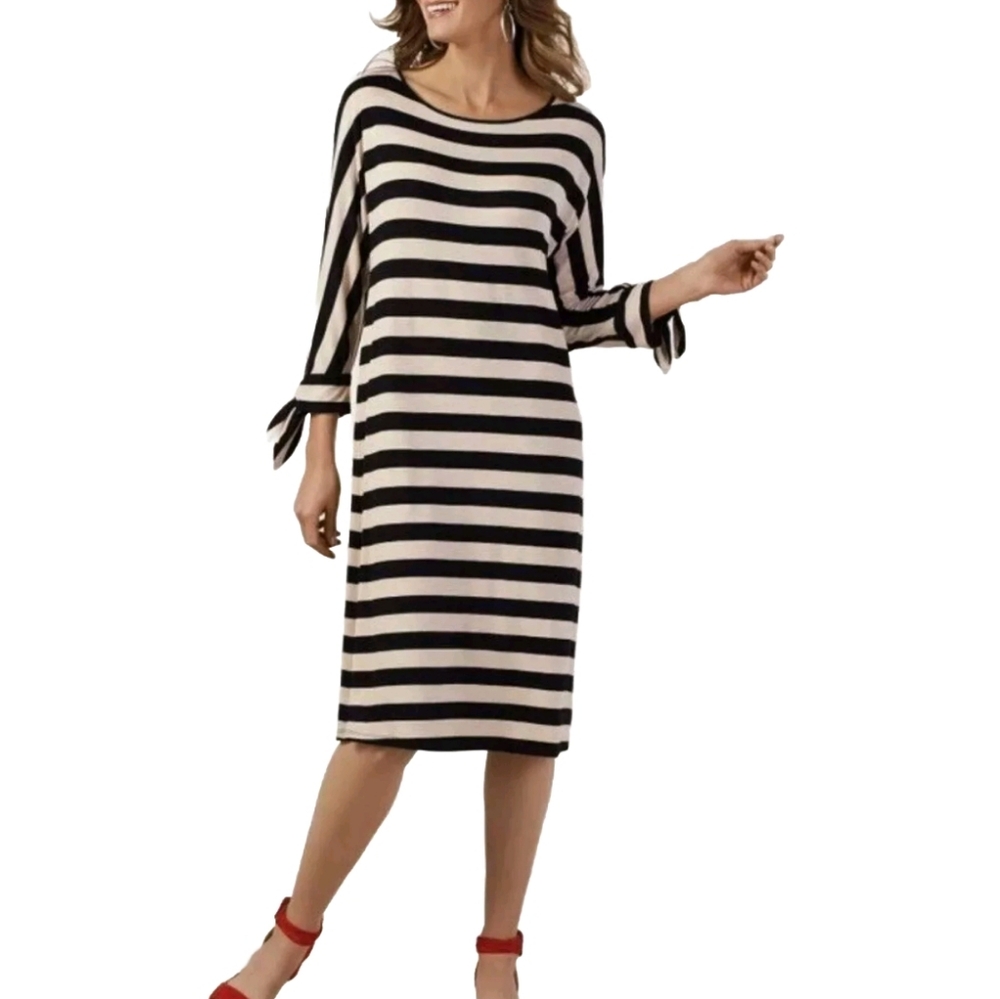 Soft Surroundings Black and Tan Striped Adrift Shift Dress XS Relaxed Nautical